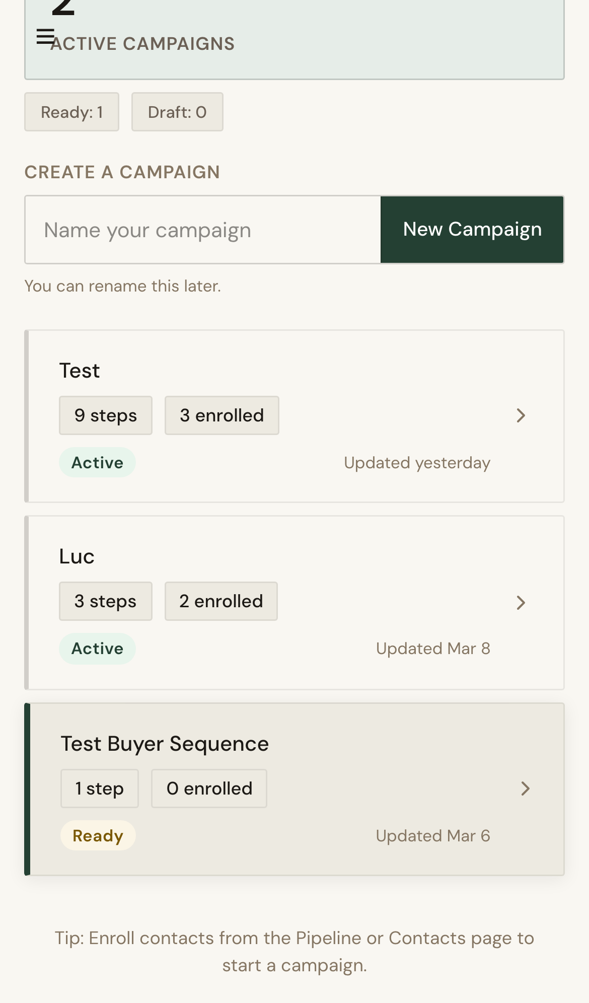 Mobile screenshot for Create a Drip Campaign: Add steps with channel and timing configuration.