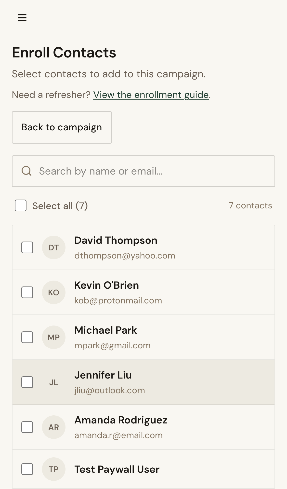 Mobile screenshot for Enroll Contacts in a Campaign: Open a campaign and choose Enroll Contacts.
