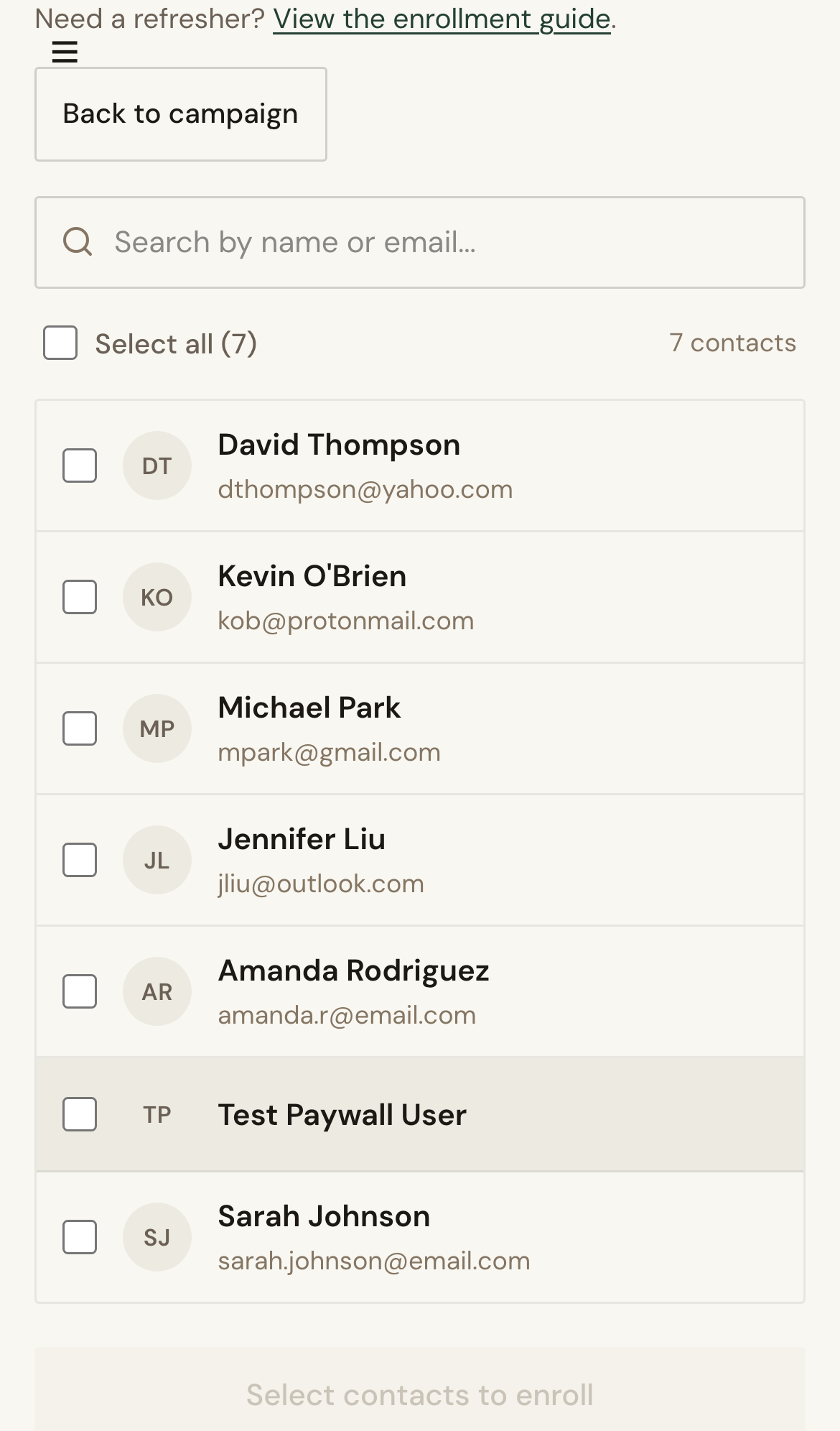 Mobile screenshot for Fix Campaign Enrollment Errors: Verify selected contacts are eligible for enrollment.