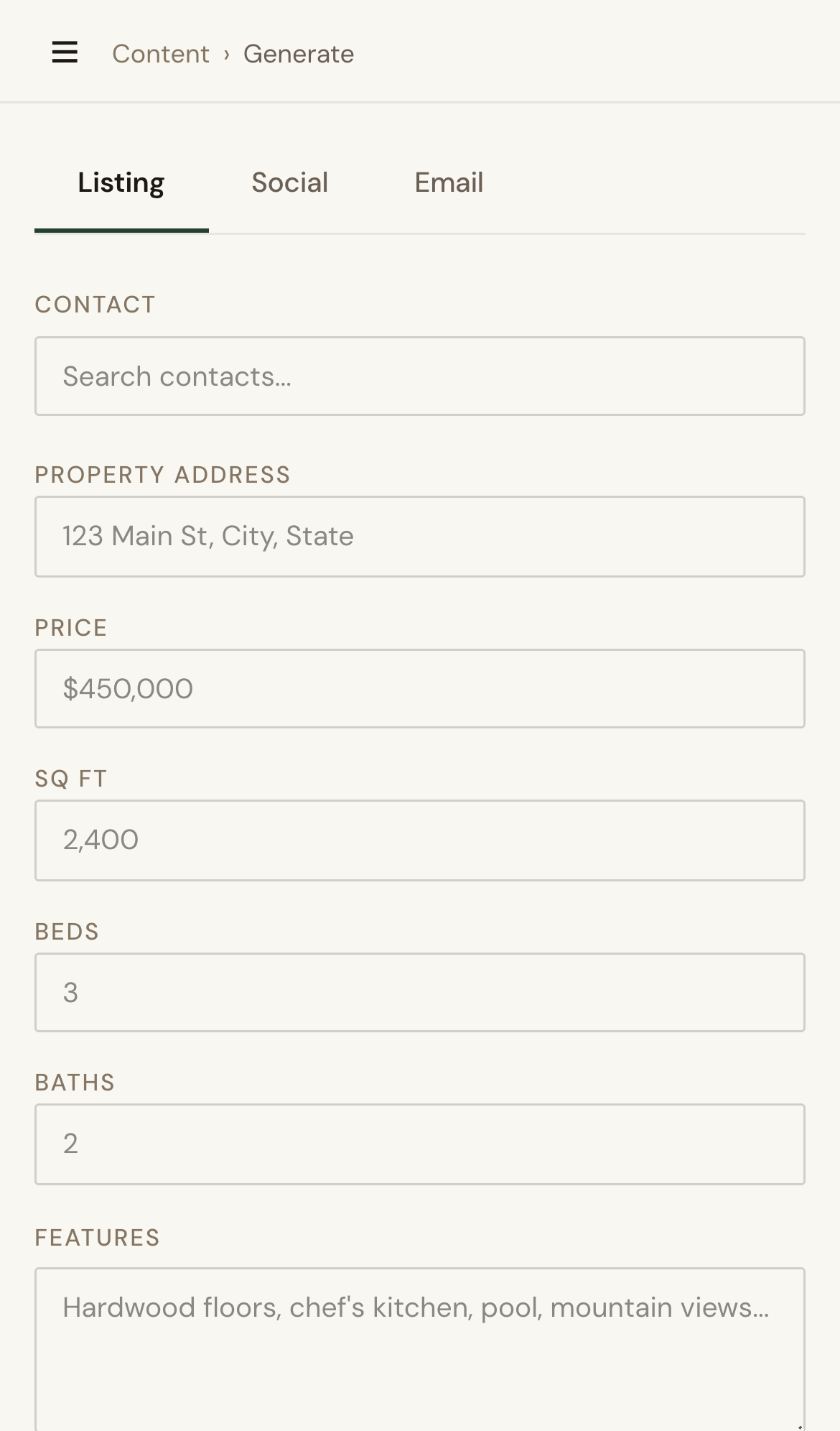 Mobile screenshot for Generate AI Content: Open Content Generate and choose a content type.