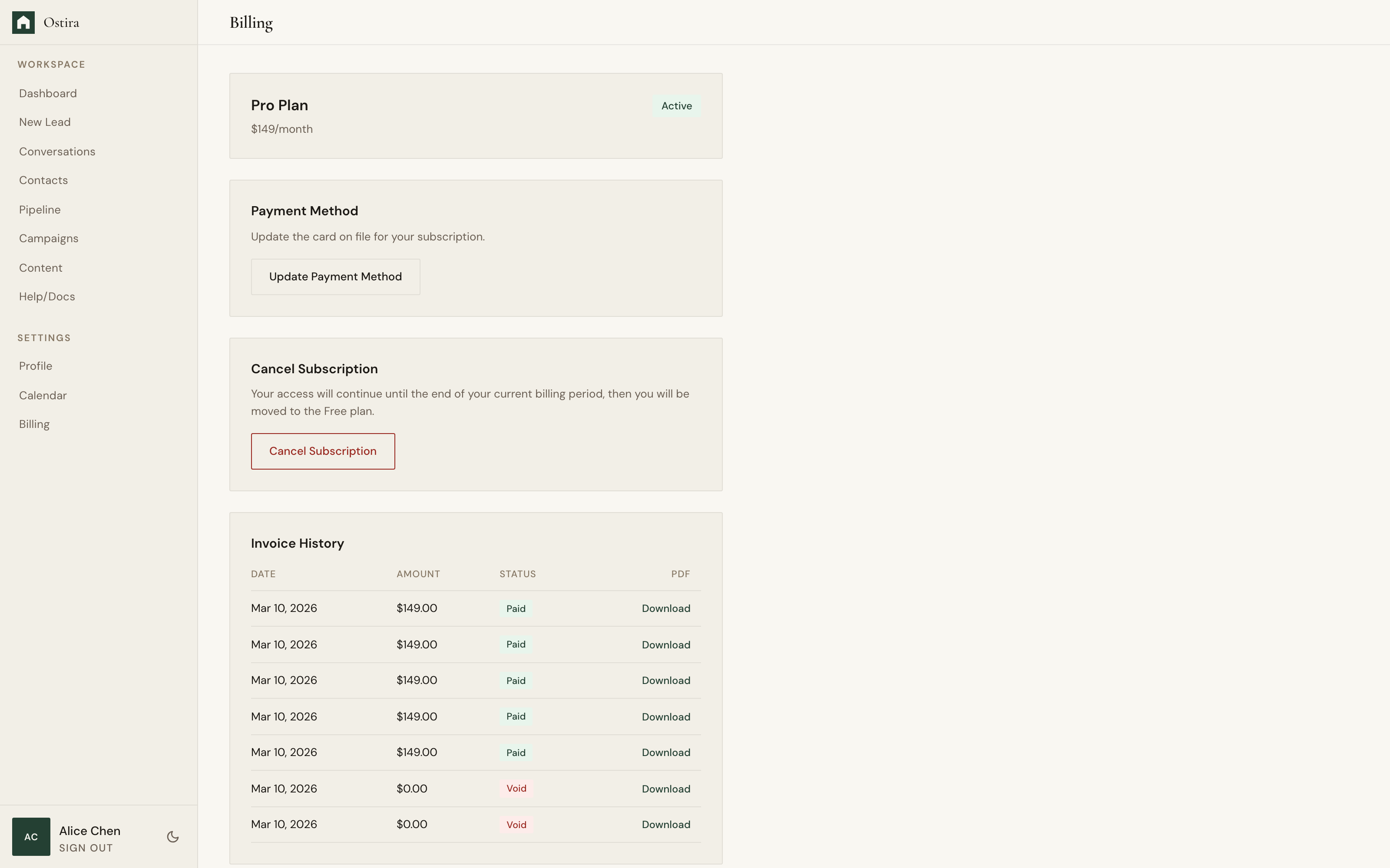 Desktop screenshot for Manage Billing and Invoices: Open Billing and review subscription status.