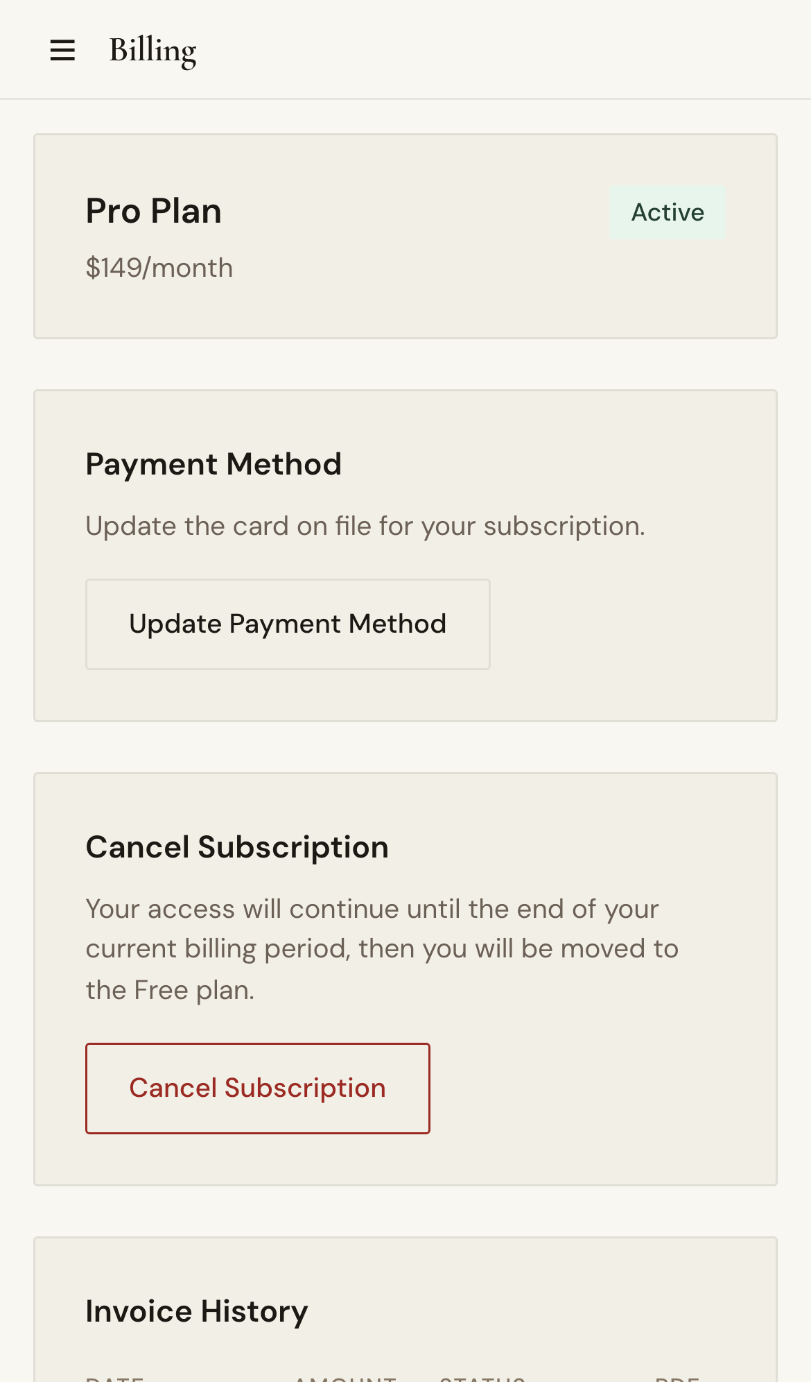 Mobile screenshot for Manage Billing and Invoices: Open Billing and review subscription status.