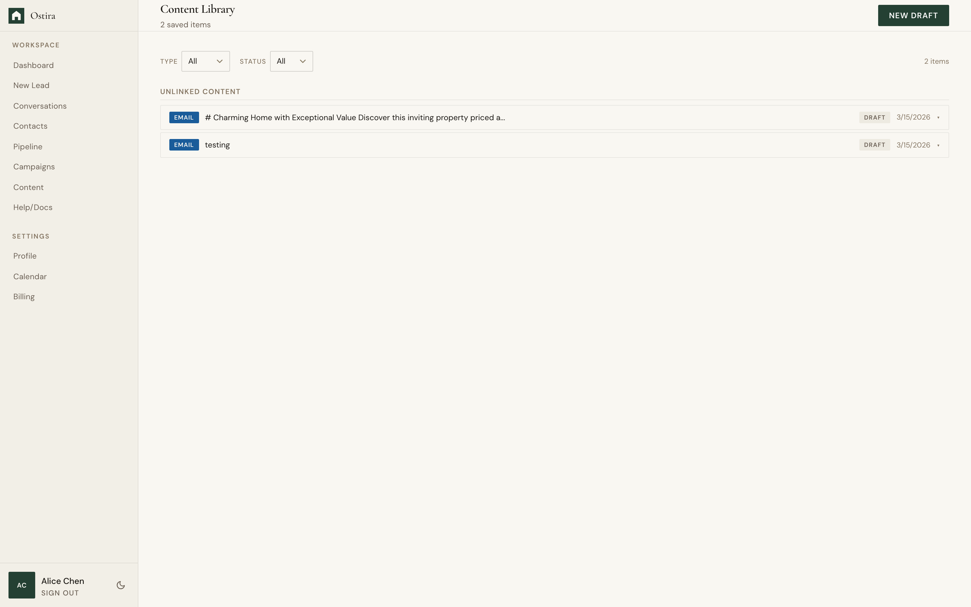 Desktop screenshot for Manage Content Library: Open Content and filter by type or status.