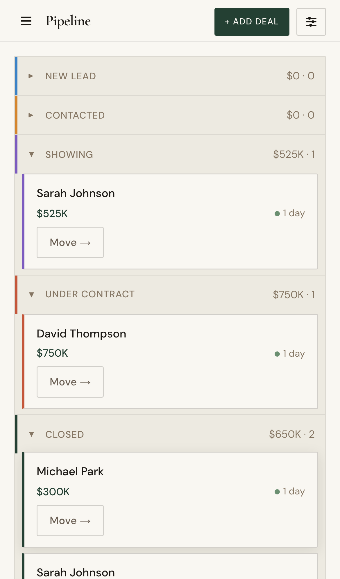 Mobile screenshot for Manage Your Pipeline Board: Open Pipeline and review stages and totals.