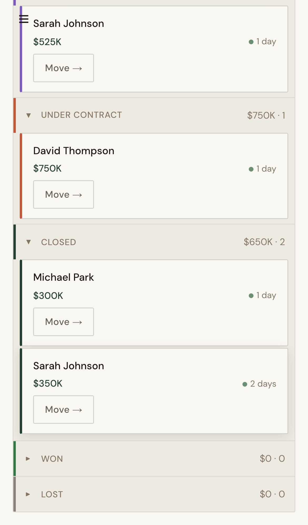 Mobile screenshot for Manage Your Pipeline Board: Move deals to the correct stage as progress changes.
