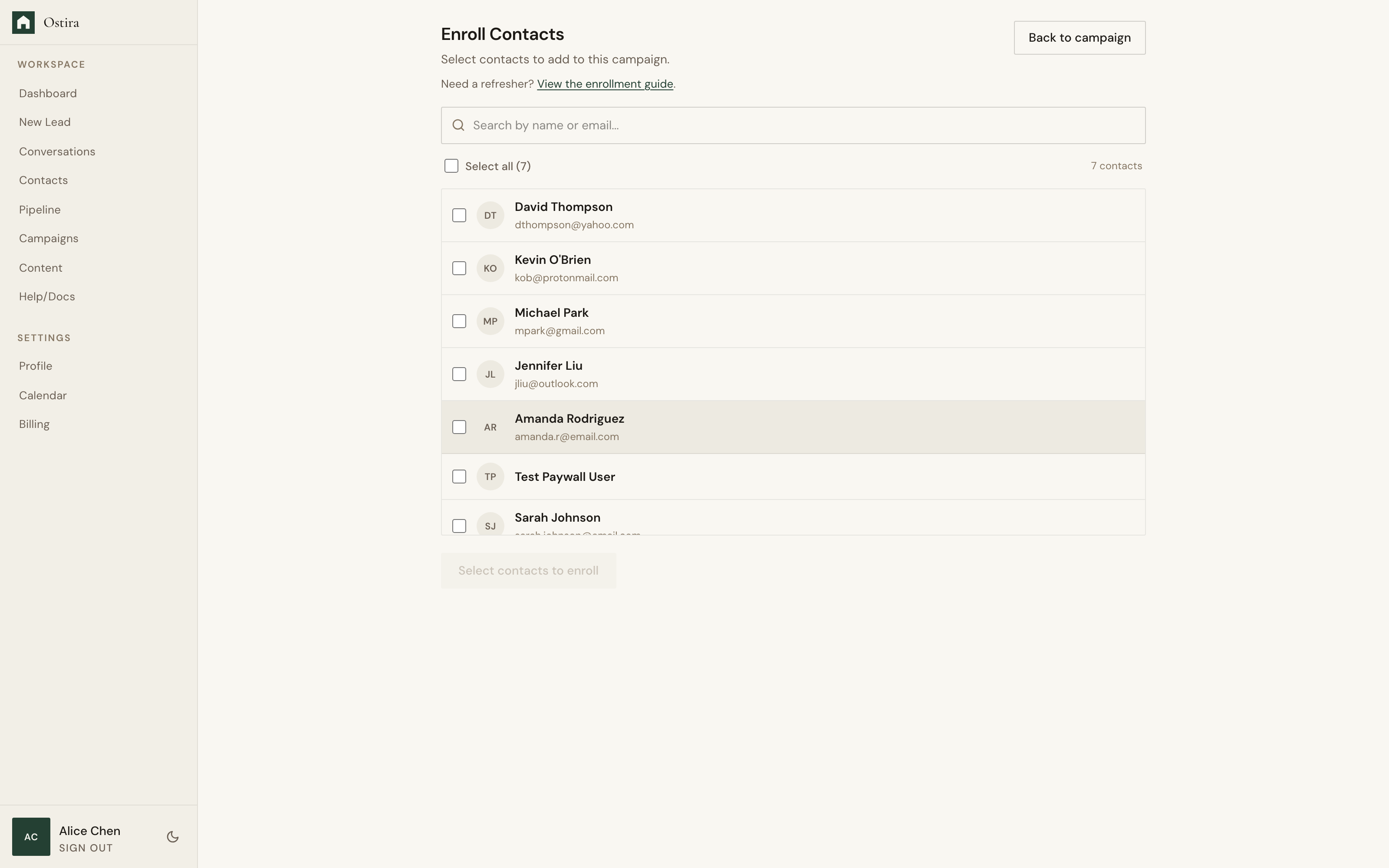 Desktop screenshot for Pause or Resume Enrollments: Open campaign detail and locate active enrollments.
