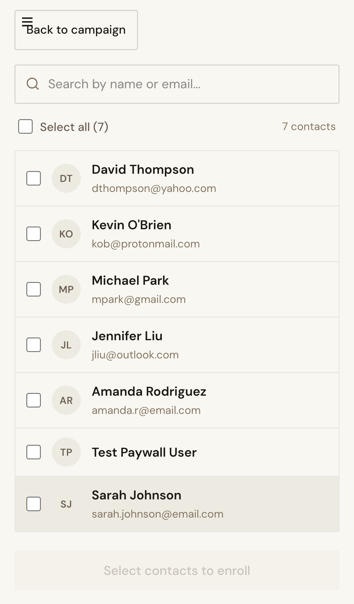 Mobile screenshot for Pause or Resume Enrollments: Open campaign detail and locate active enrollments.