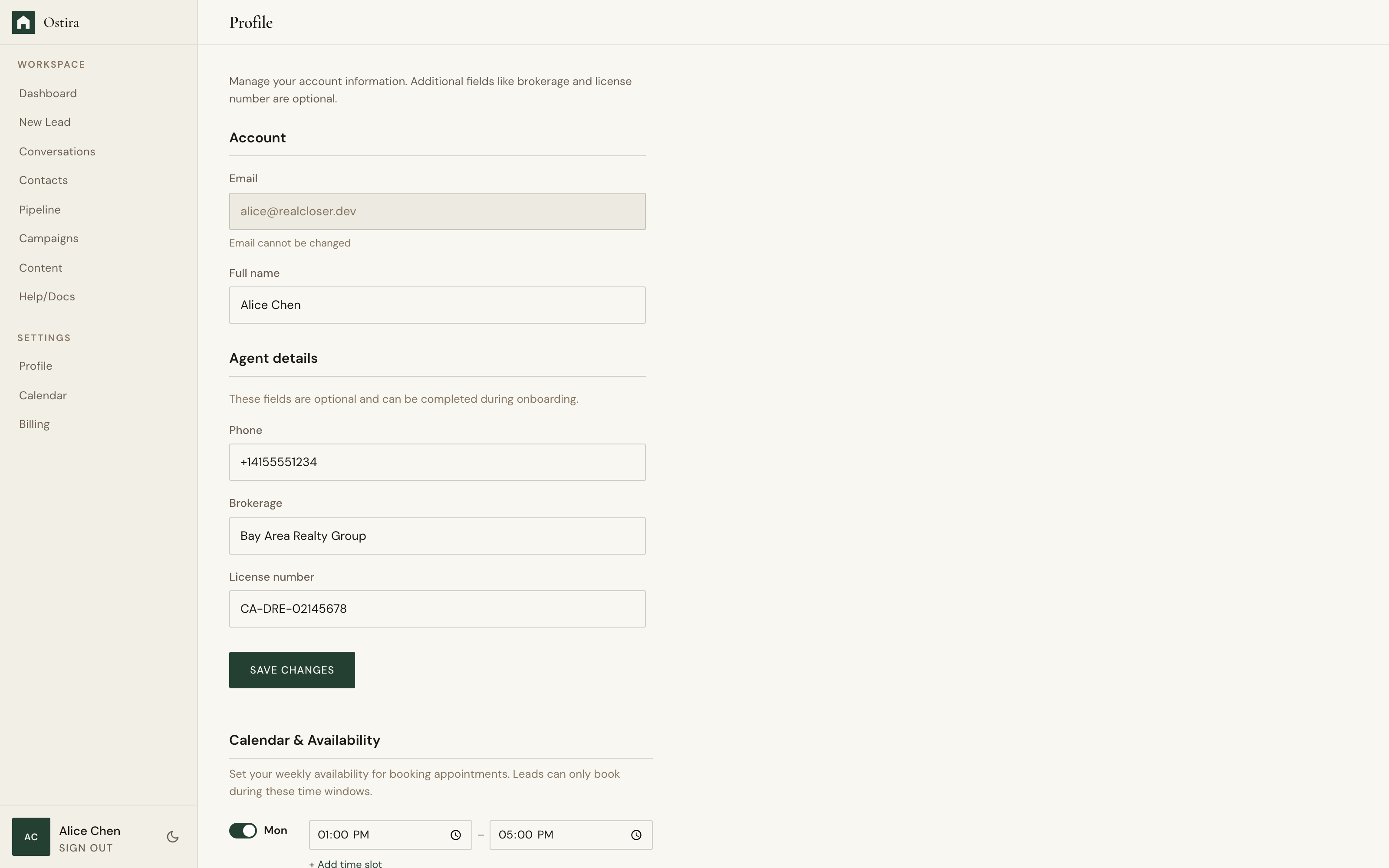 Desktop screenshot for Update Profile and Availability: Open Profile and update account details.