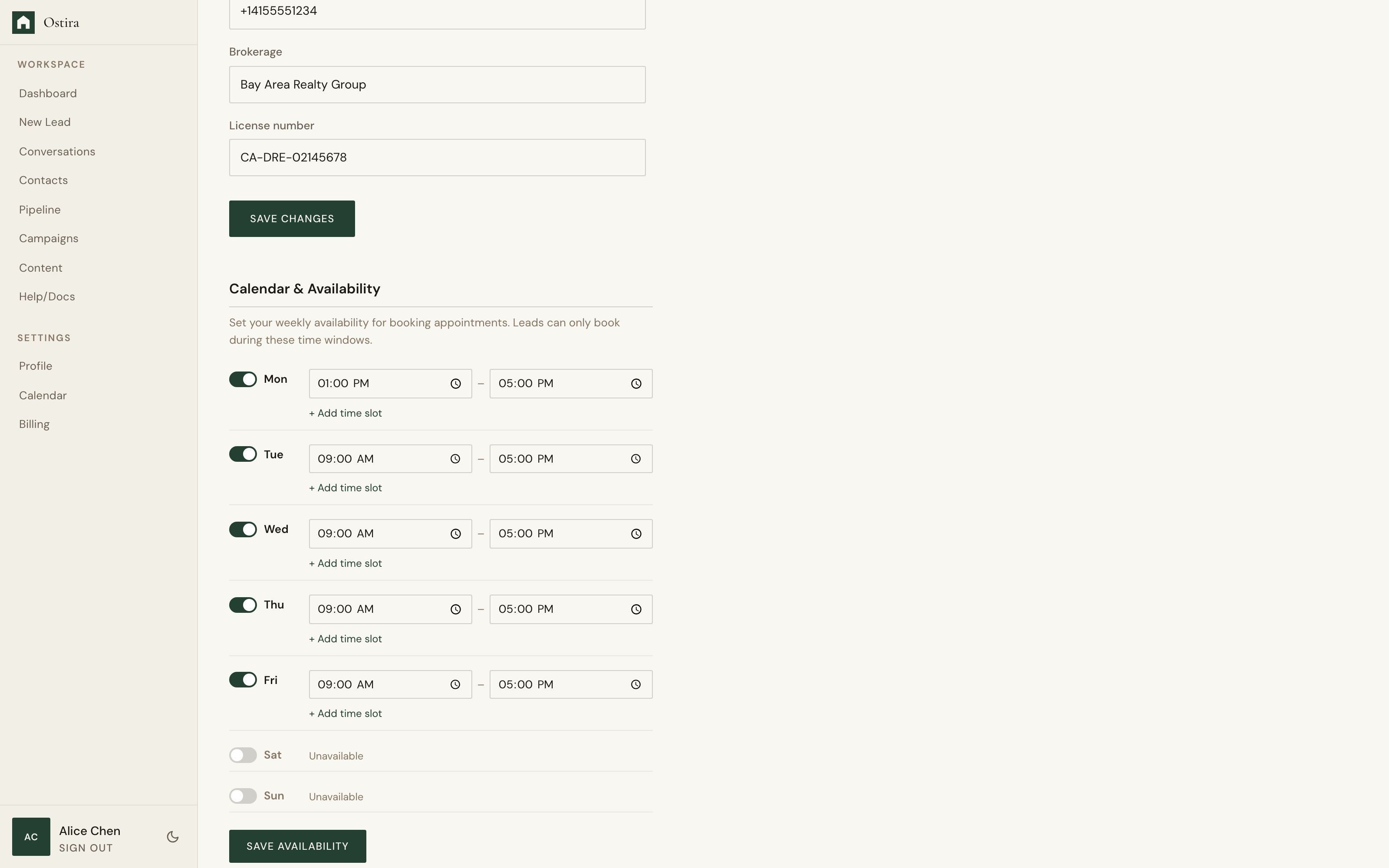 Desktop screenshot for Update Profile and Availability: Adjust weekly availability windows.