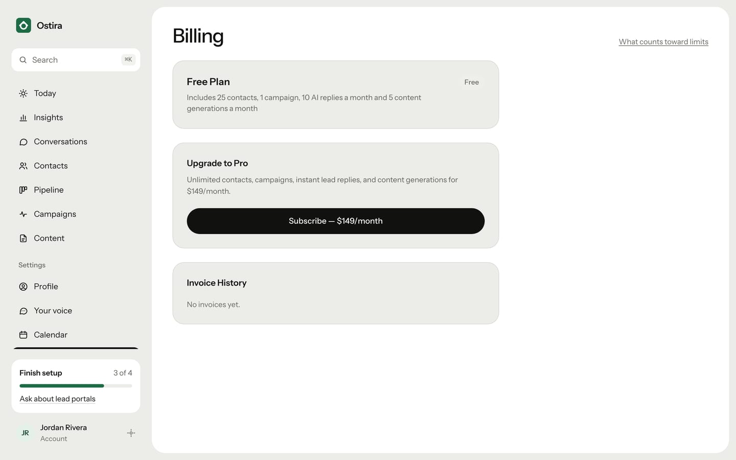 The Billing page, showing your plan