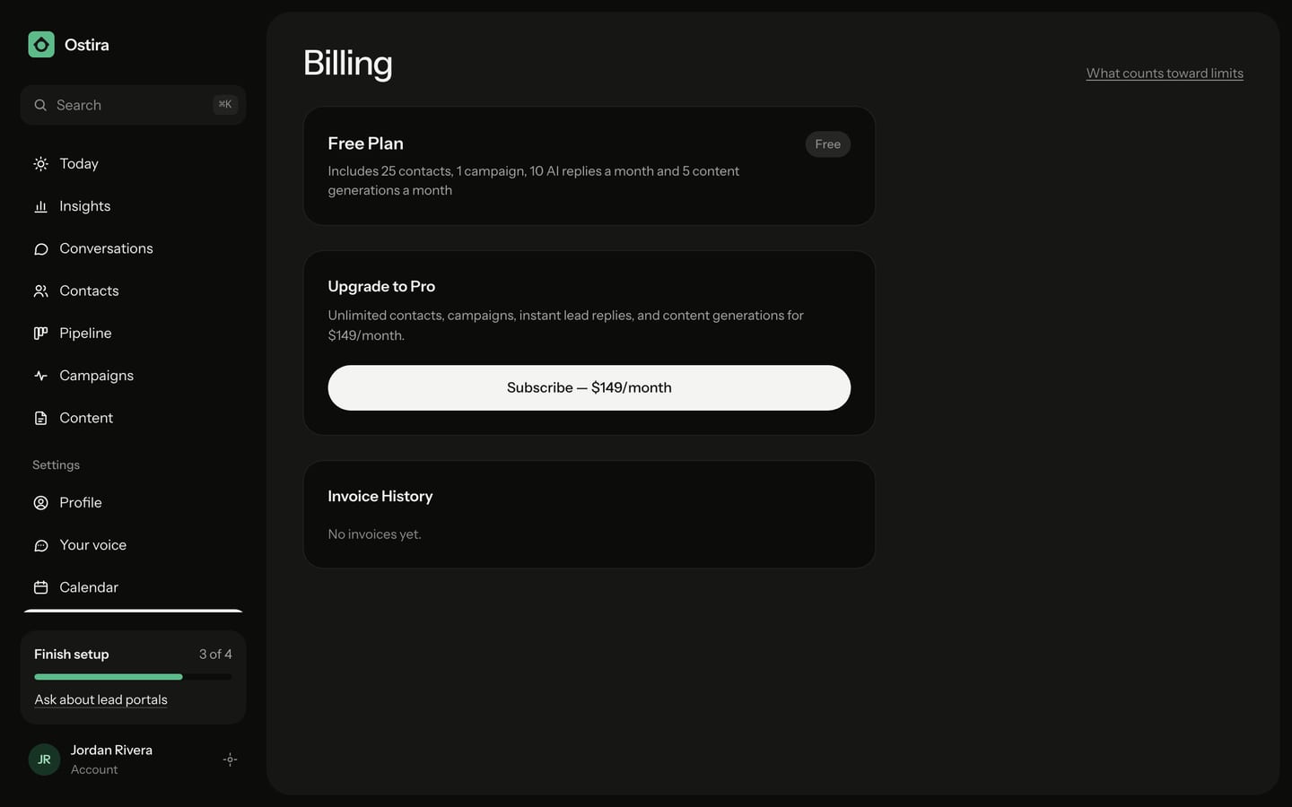 The Billing page, showing your plan