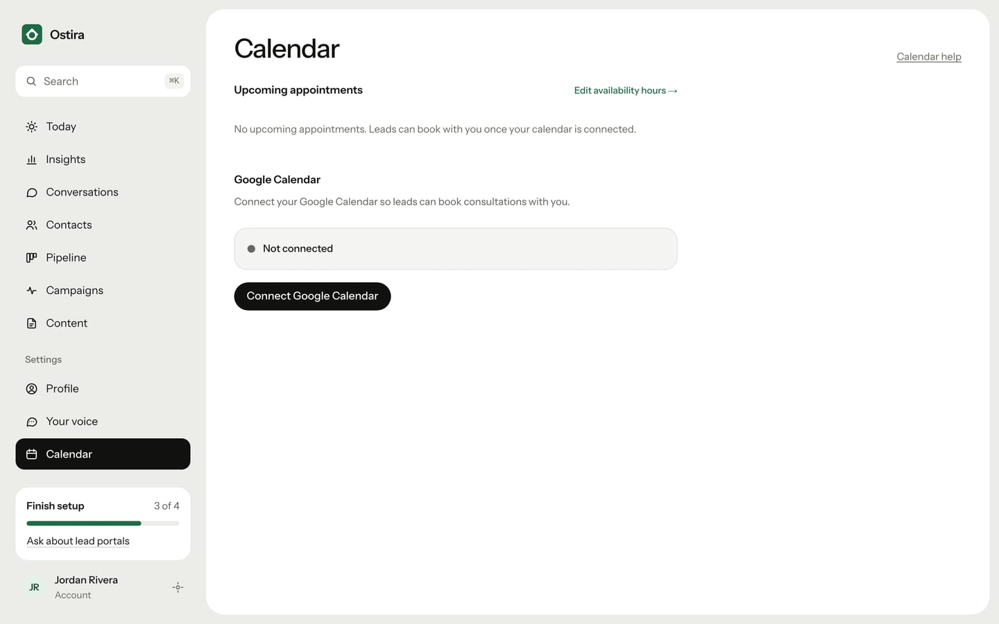 The Calendar page, where you connect Google Calendar