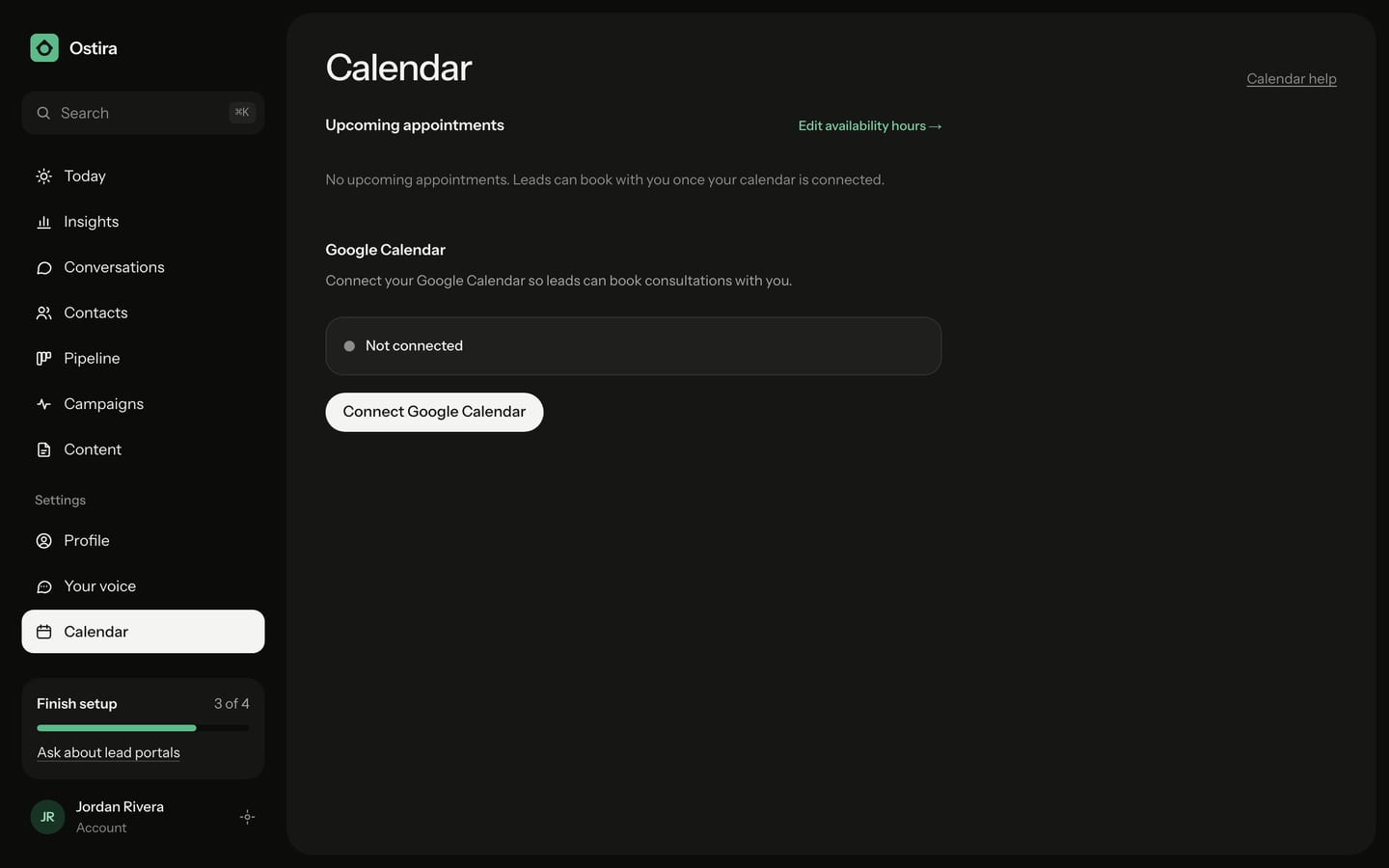 The Calendar page, where you connect Google Calendar