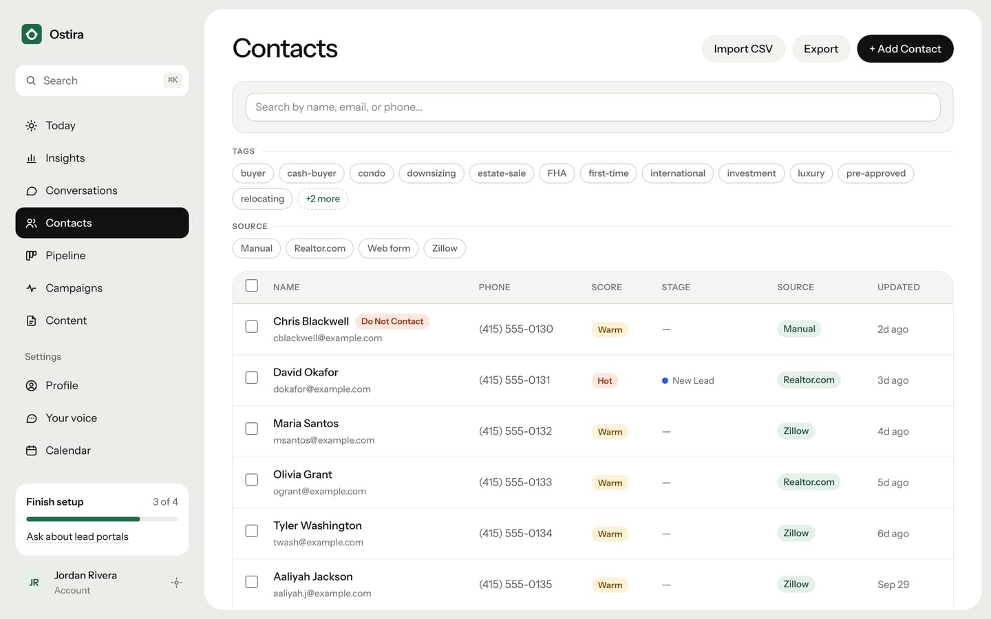 The Contacts page with search, filters and the contact list