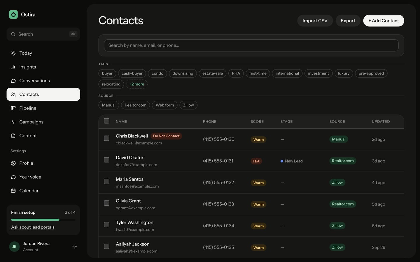 The Contacts page with search, filters and the contact list