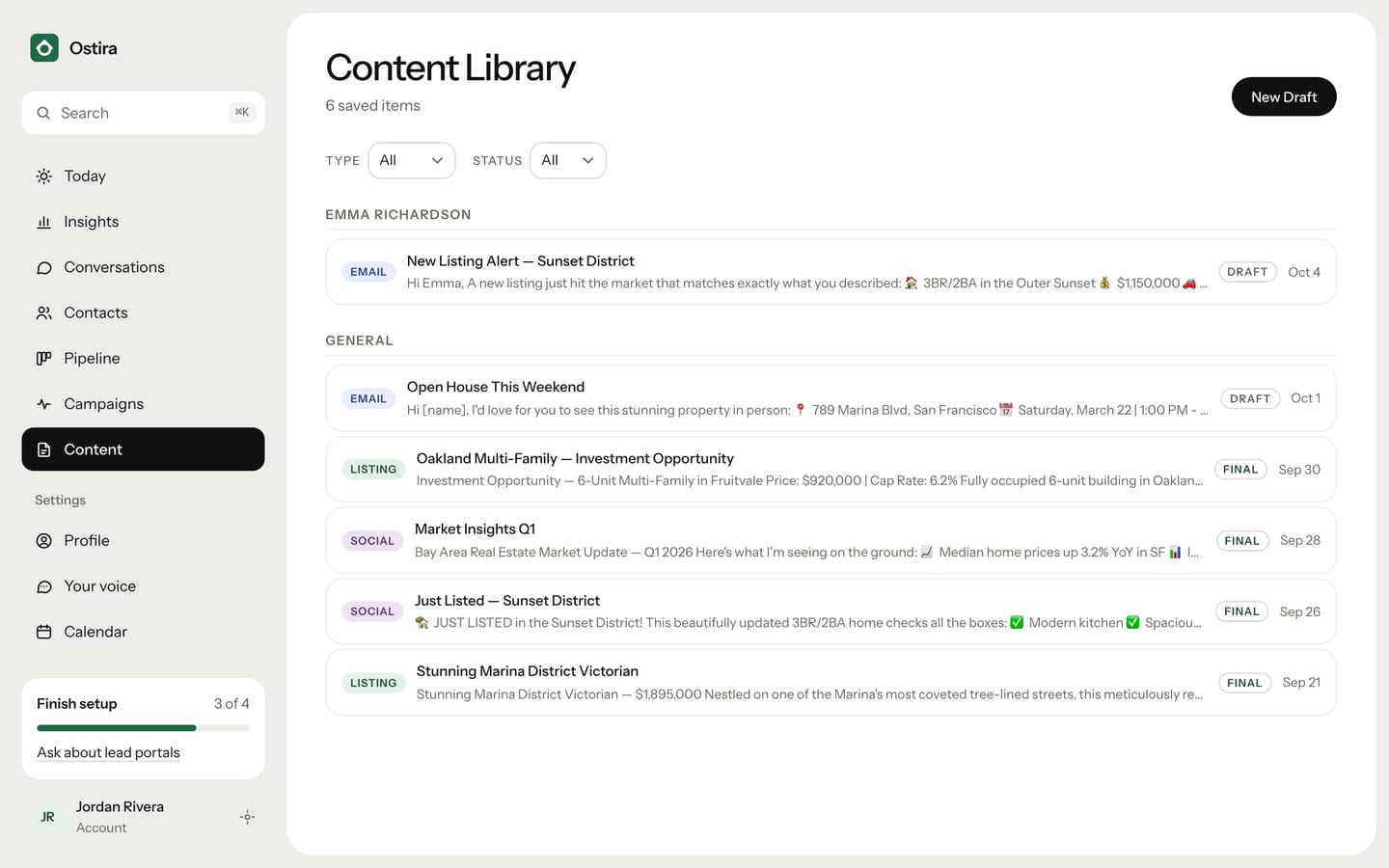 The content library, with Type and Status filters