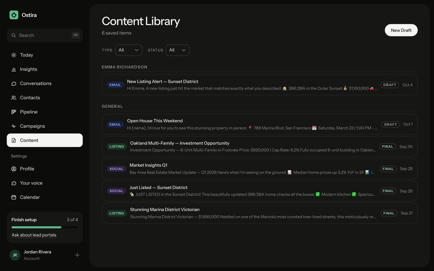 The content library, with Type and Status filters
