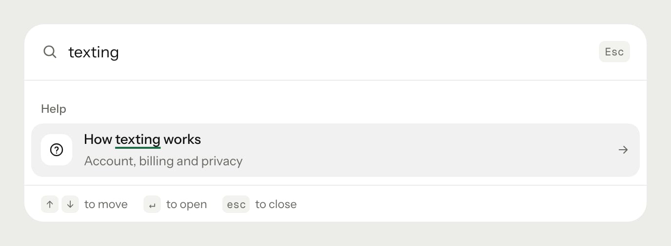 Search, showing a help article in the results