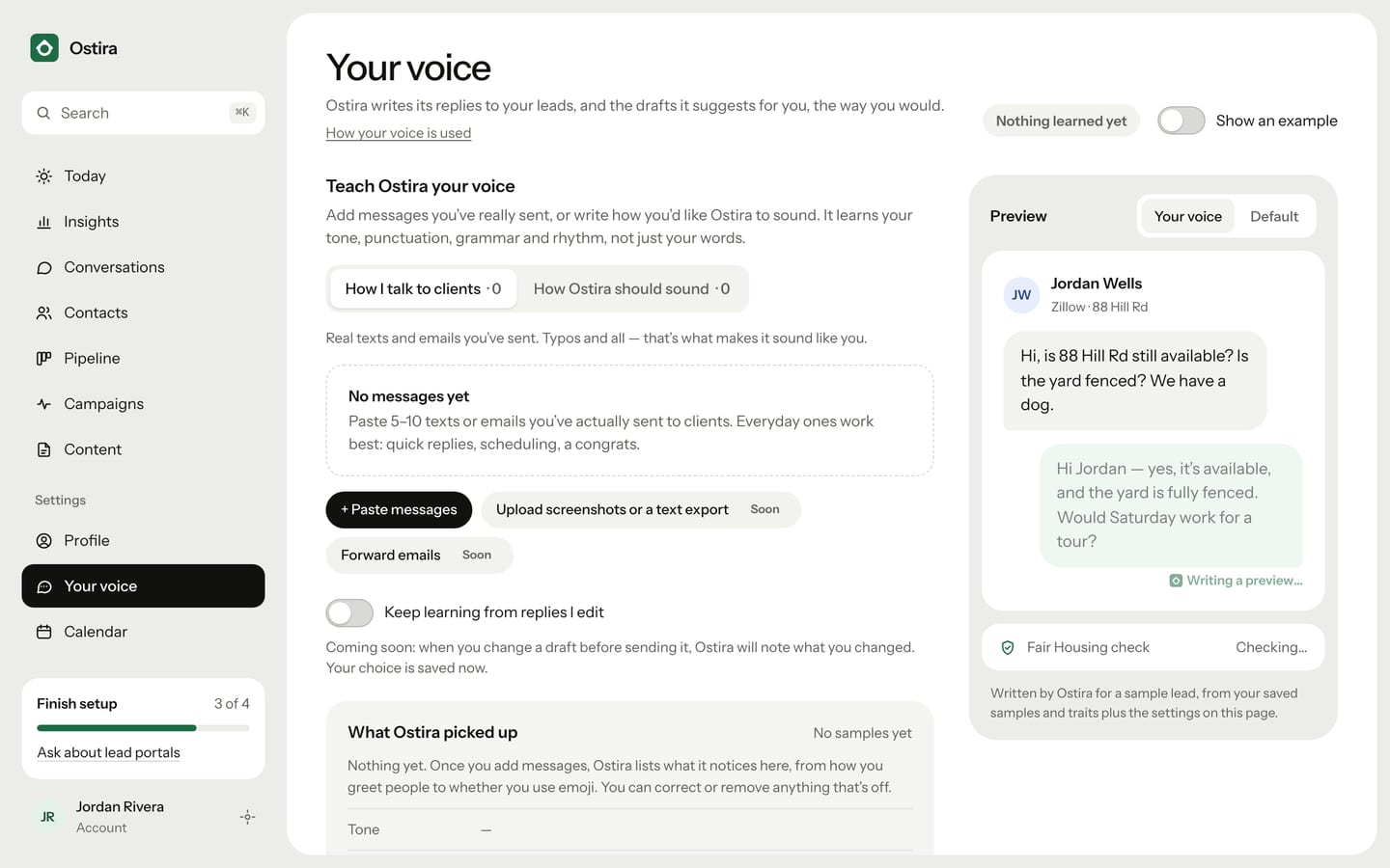 The Your voice page, where you add messages you've sent